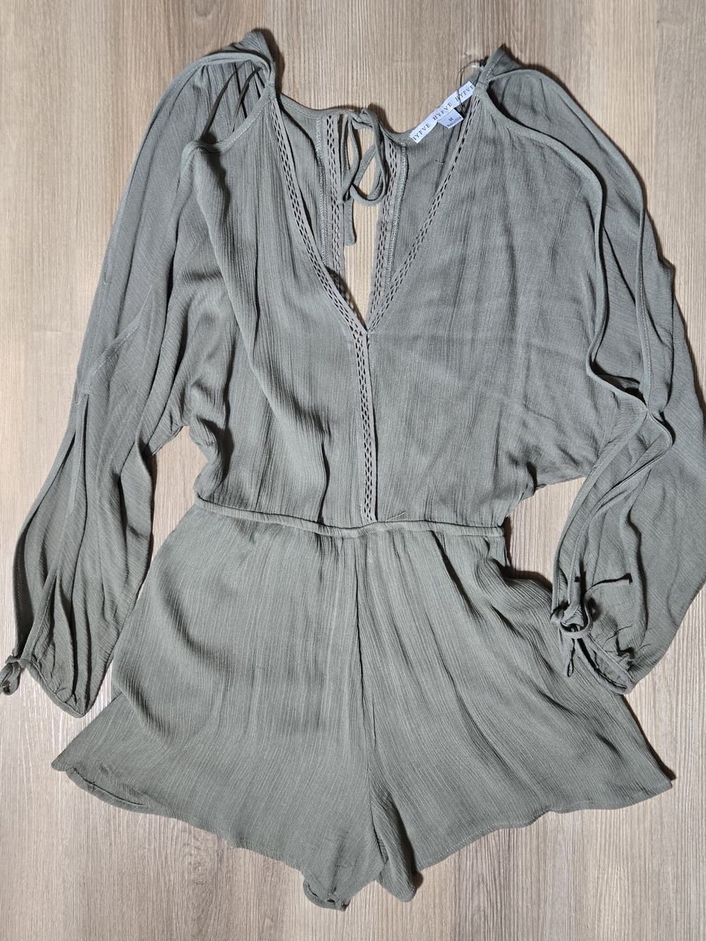 HYFVE Olive Green Gauze V-Neck Romper with Crochet Trim